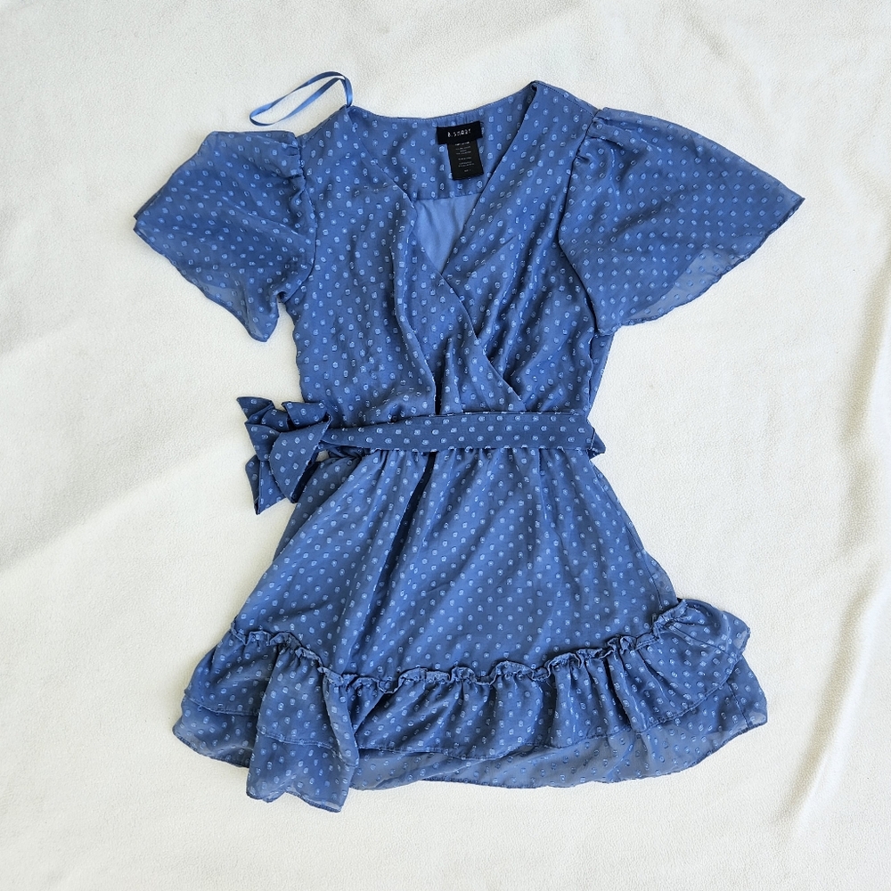B. Smart Blue Pleated Flutter Sleeve Sundress